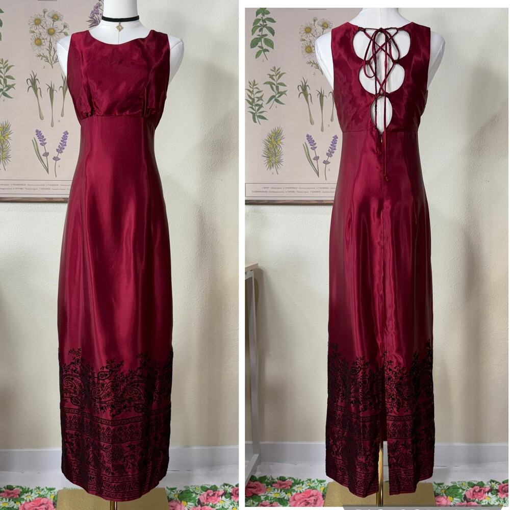 90s Y2k Satin Floral Velvet Lace Up Back Formal Dress Whimsigoth Romantic Goth S